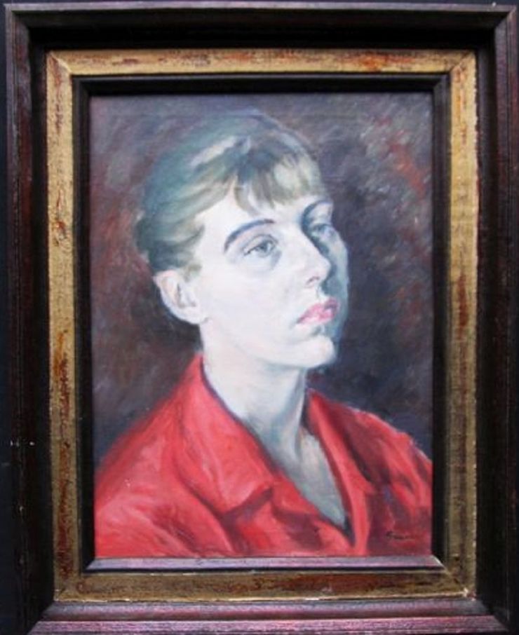 Portrait of Lady in Red by Christopher Sanders at Richard Taylor Fine Art