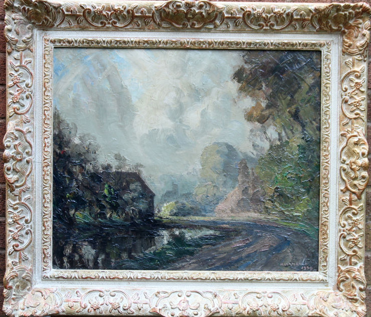 Village Pond  British Impressionist oil by Frederick James Hackman at Richard Taylor Fine Art