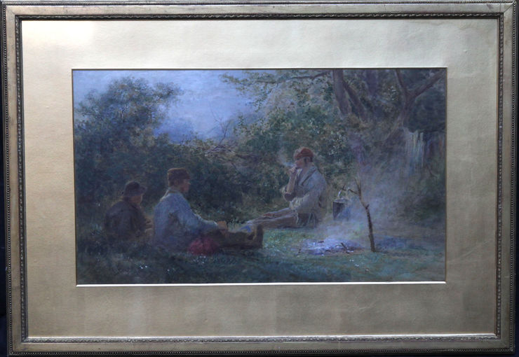 Gypsies Camp Fire by Victorian watercolourist Henry George Hine at Richard Taylor Fine Art