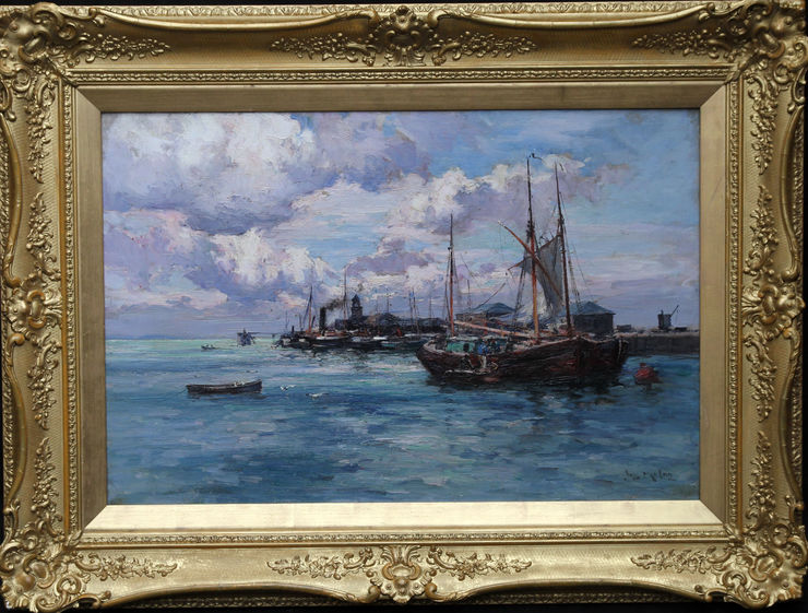 Boats at Harbour Scottish Impressionist marine art by Joseph Milne at Richard Taylor Fine Art