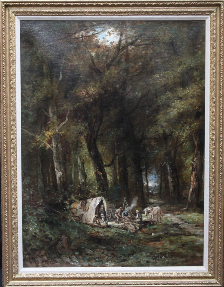 French Barbizon Painting  Encampment in  a wooded Landscape  by Paolo Manzini at Richard Taylor Fine Art
