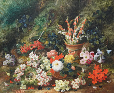 Forest Floor Still Life with Flowers And Bird's Nest