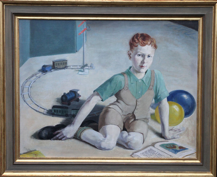 Boy with Train Set Art Deco Portrait by Agnes L Reid available at  Richard Taylor Fine Art