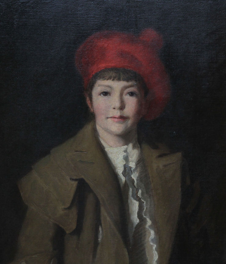Dermod O'Brien. Portrait of Child in Red Tam O'Shanter Hat. Irish Art Visit Richard Taylor Fine Art