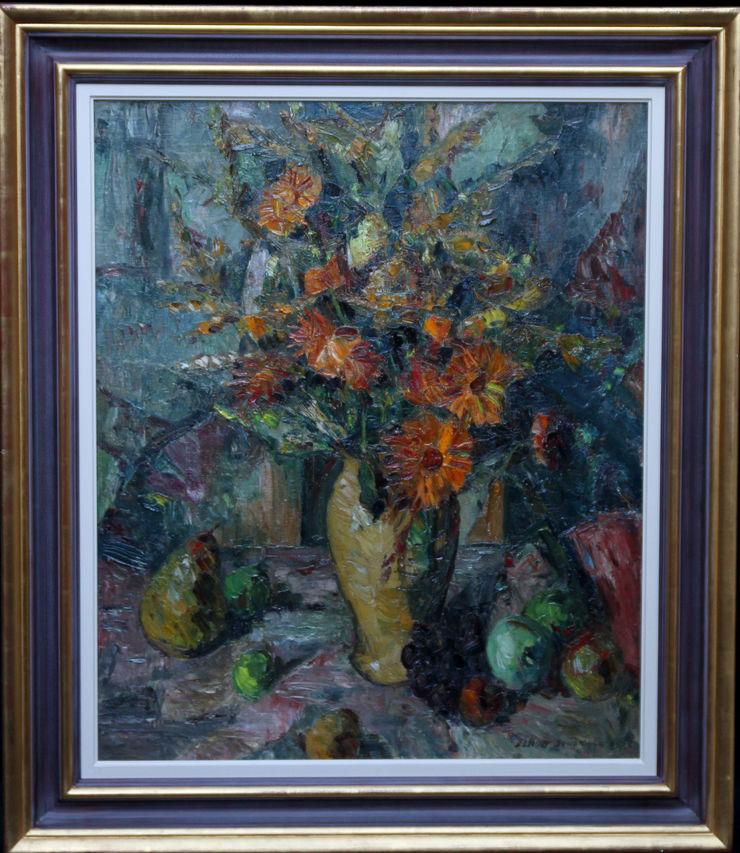 Post Impressionist Floral with Fruit by Elliot Seabrooke at Richard Taylor Fine Art