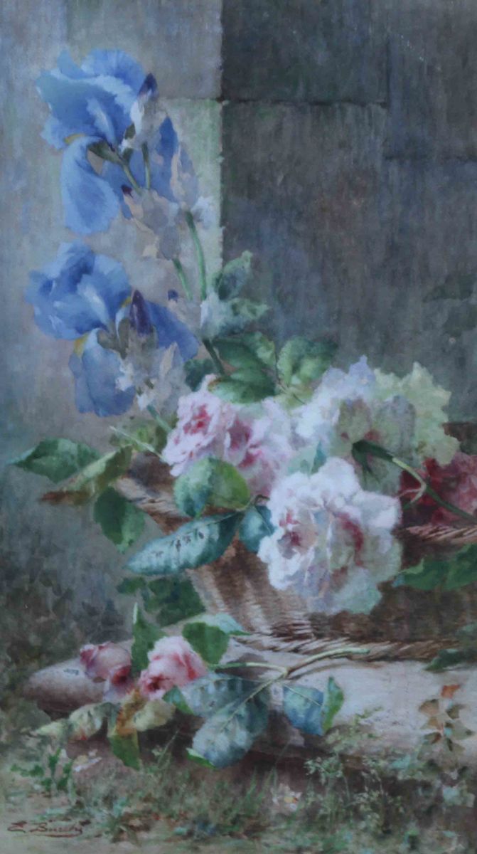 Irises and Roses in a Basket by Ermocrate Bucchi Richard Taylor Fine Art