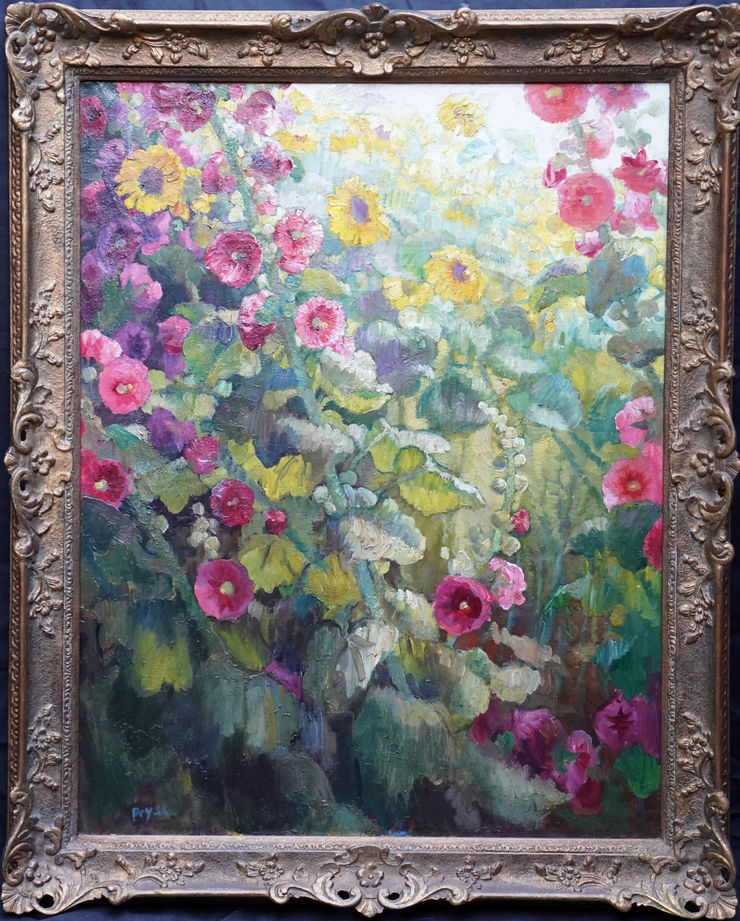 Hollyhocks and Sunflowers British Floral by Gerald Spencer Pryse at Richard Taylor Fine Art