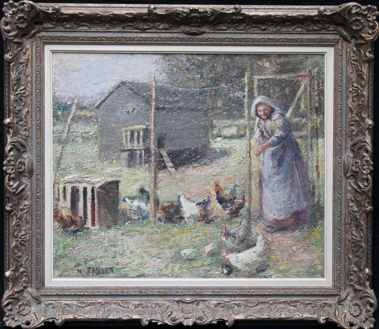 Impressionist Woman Feeding Chickens by Harry Fidler at Richard Taylor Fine Art