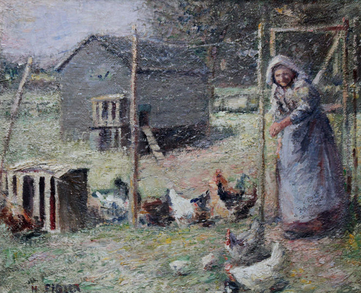 Woman Feeding Chickens Portrait by Harry Fidler Richard Taylor Fine Art