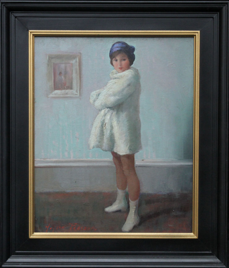 Girl in White Coat Portrait by Harry John Pearson at Richard Taylor Fine Art