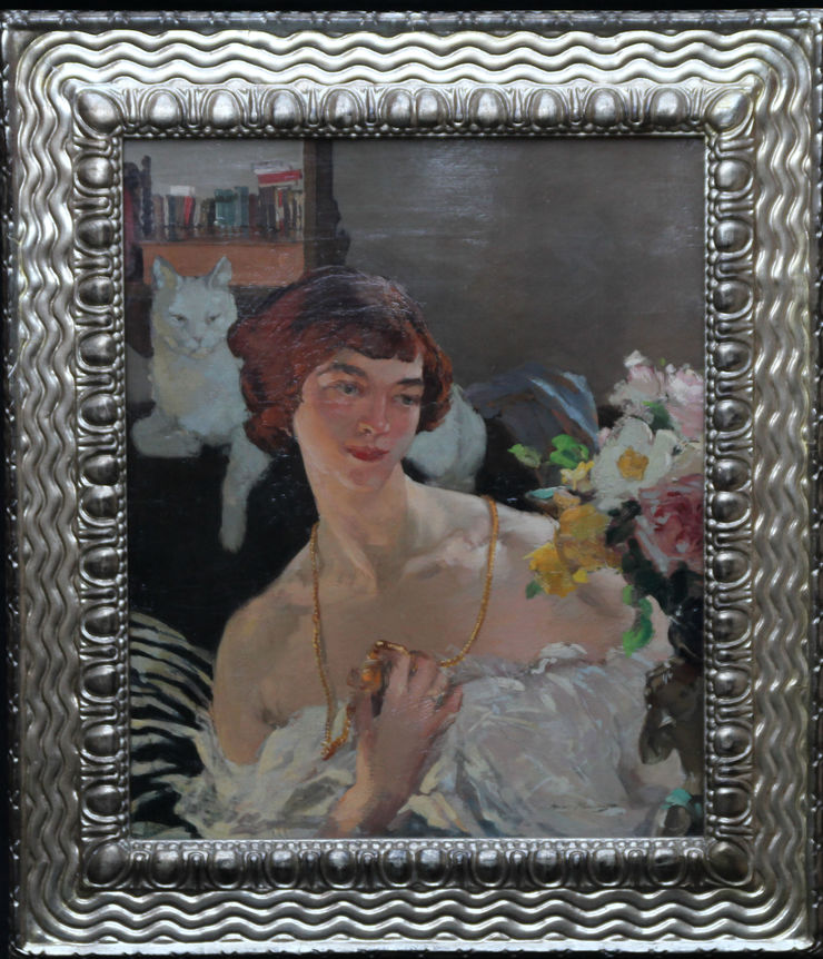 Art Deco Self Portrait with Cat by Helen MacKenzie at Richard Taylor Fine Art