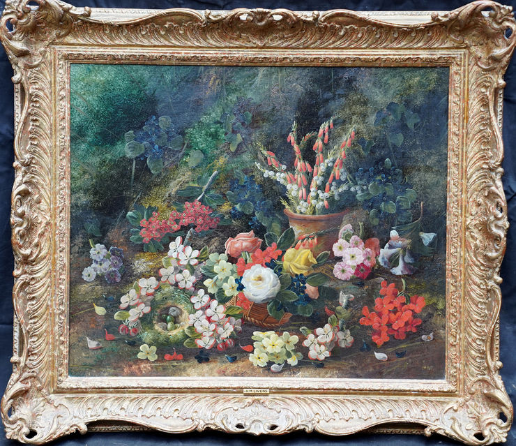 British Still Life with Flowers and Bird's Nest by Henry Livens at Richard Taylor Fine Art