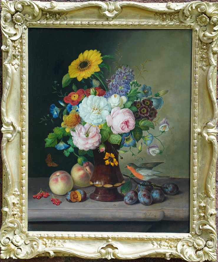 Vienna Floral Still Life with Robin by Johann Georg Seitz at Richard Taylor Fine Art