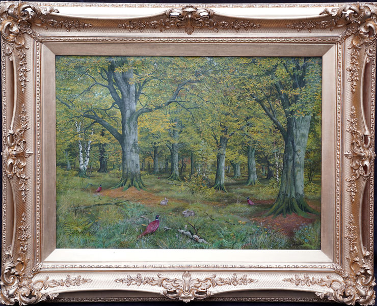 John Reid -  Pheasants in Woodland - Richard Taylor Fine Art