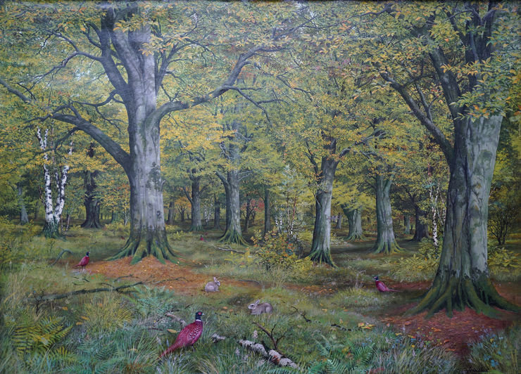 John Reid -  Pheasants Rabbits in Woodland - Richard Taylor Fine Art