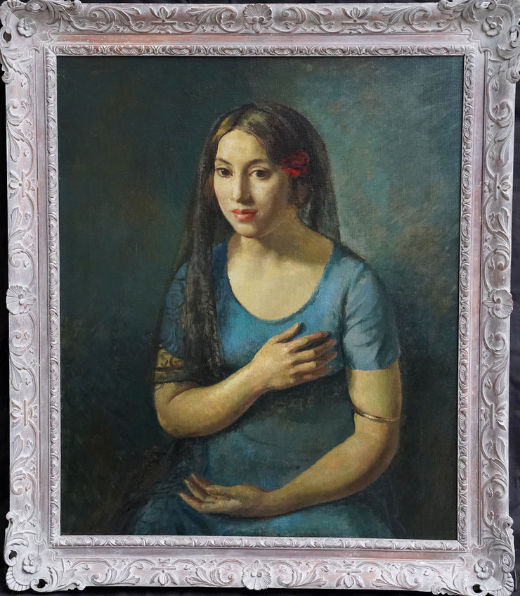 British Portrait of a Girl in Blue by Lionel Ellis at Richard Taylor Fine Art