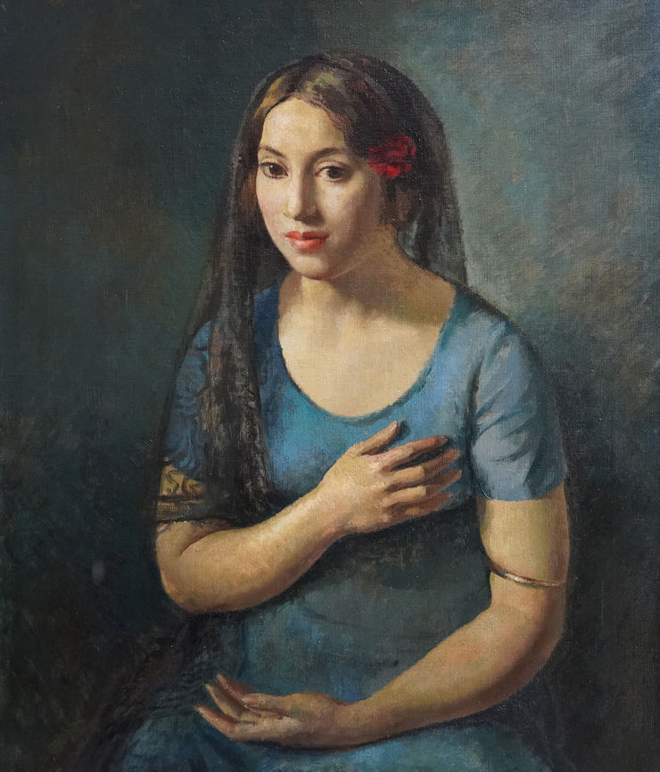 British 1930's Portrait of a Girl in Blue by Lionel Ellis Richard Taylor Fine Art