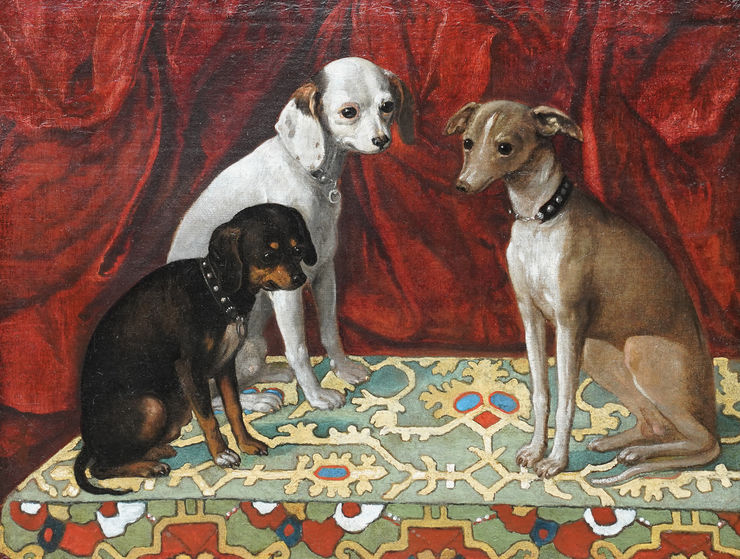 Dogs on Ushak Carpet 17thC art by Francesco Fieravino Richard Taylor Fine Art