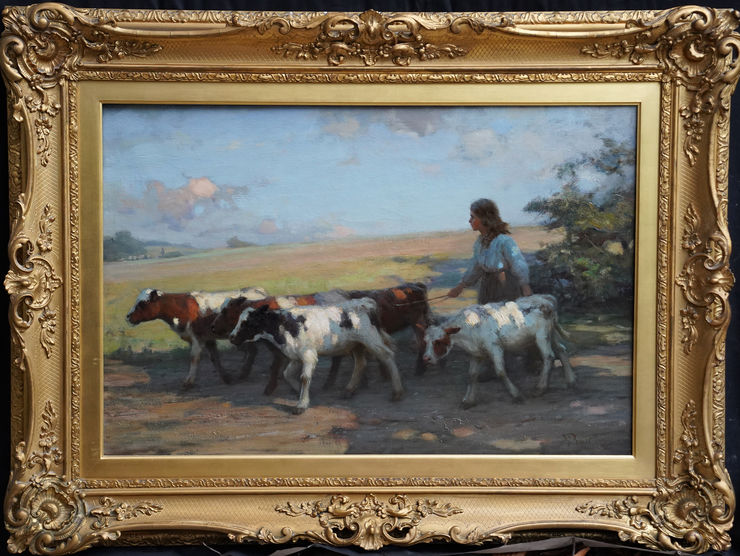 Scottish art Girl with Calves in Landscape by William Pratt at Richard Taylor Fine Art