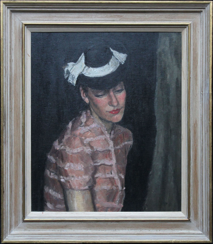 Portrait of a Woman in Black Hat British 30's Art Richard Taylor Fine Art