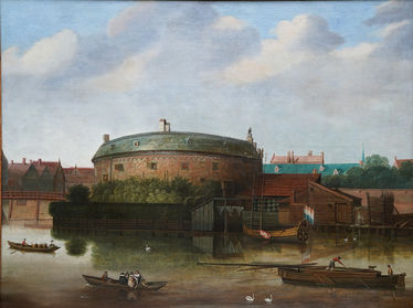 River Scene with Boats and Rotunda Building