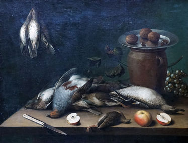 Table Top Still Life with Birds, Fruit and Walnuts
