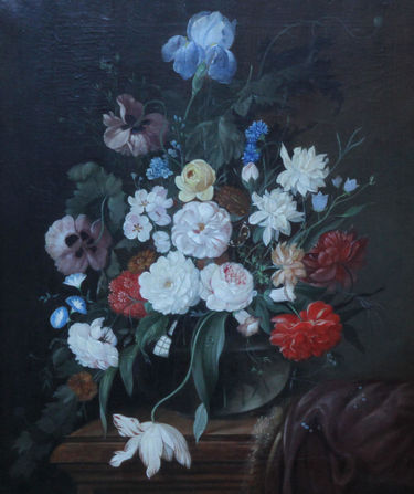 Still Life of Flowers in a Glass Vase on a Ledge