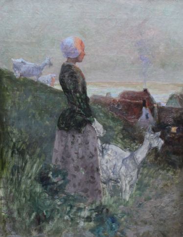 Girl with Goats in Coastal Landscape