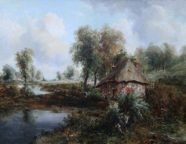 Thatched Cottage and Figures by Waters Edge