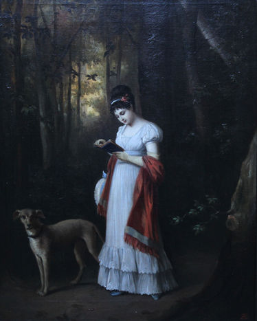 Young Woman Reading a Book with her Dog in a Wooded Landscape