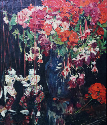 Still Life of Fuchsias Geraniums and Marionettes