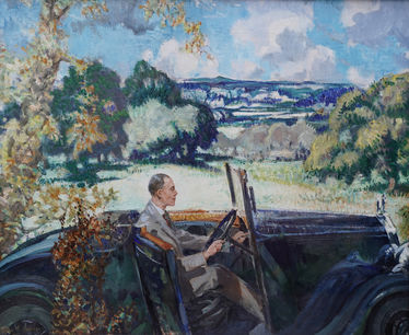 Portrait of Brian Bradnack, Principal of Worcester College, in a Motorcar, Malvern Hills