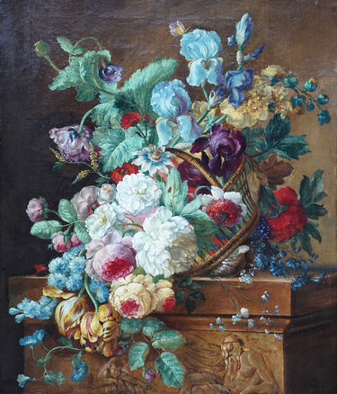 Still Life of Flowers in a Basket on a Carved Box