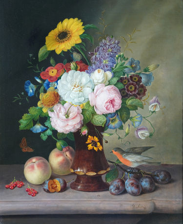 Floral Still Life with Robin