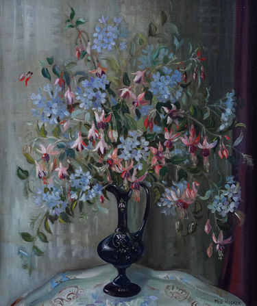 Floral of Fuschias in a Blue Glass Vase