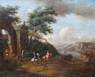 Travellers and Dogs Near Ruins in a Landscape