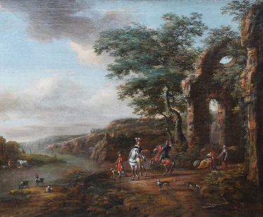 Travellers and Dogs in a Landscape, Ruins on Right