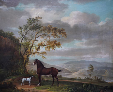 Bay Horse and Spaniel in a Lake Landscape