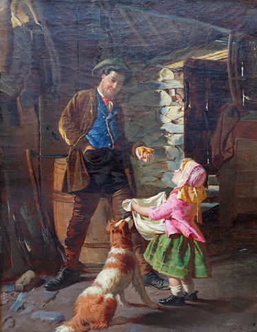 Portrait of a Farmer, Daughter and Dog in an Interior