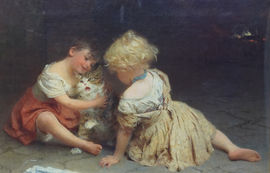 ../British Victorian Portrait of Girls and Cat by John Morgan Richard Taylor Fine Art